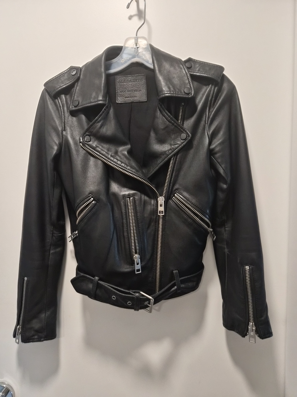 All Saints Black Leather Moto Jacket with Zip Pockets